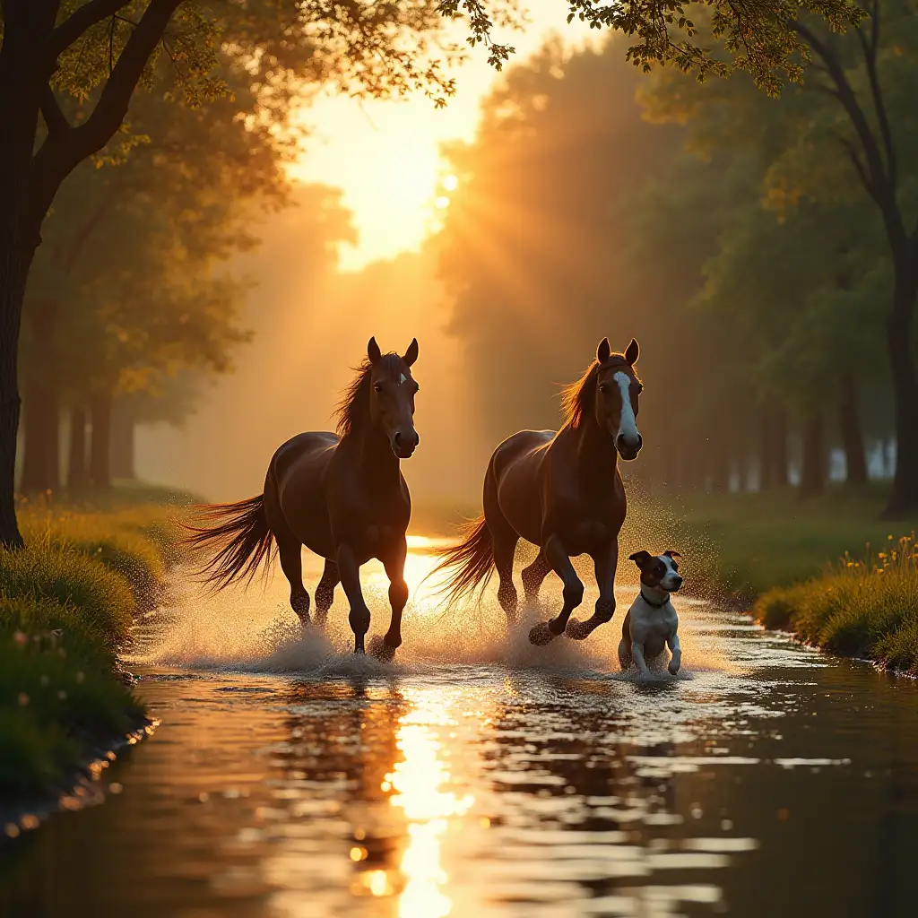 Swift-Horses-Galloping-Through-a-River-with-a-Barking-Dog-in-the-Morning-Sun