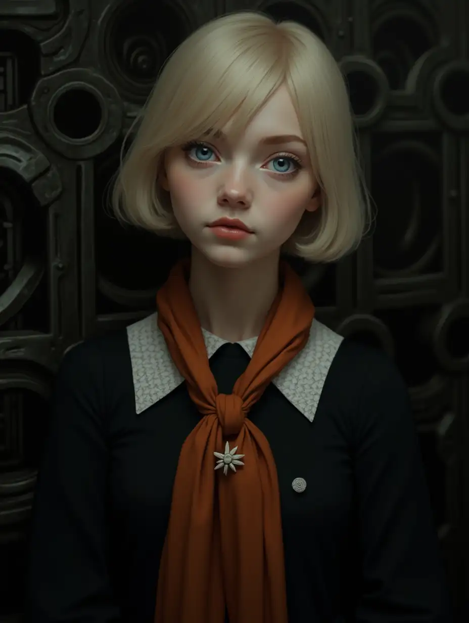 a high-resolution photograph featuring a young caucasian woman with light skin and striking blue eyes, she has short, straight, blonde hair with a slight wave, and her facial features are delicate, with a small nose and full lips, she is wearing a black, high-collared dress with a white, geometric patterned collar, and an orange scarf tied around her neck, the scarf is tied in a bow at the front, and a small, white, flower-shaped brooch adorns her left breast, the background is blurred, but it appears to be an industrial setting with dark, metallic textures, possibly a part of a machine or machinery, the lighting is soft and diffused, creating a warm, intimate atmosphere, the overall mood of the photograph is somber and introspective, capturing a moment of quiet reflection or contemplation