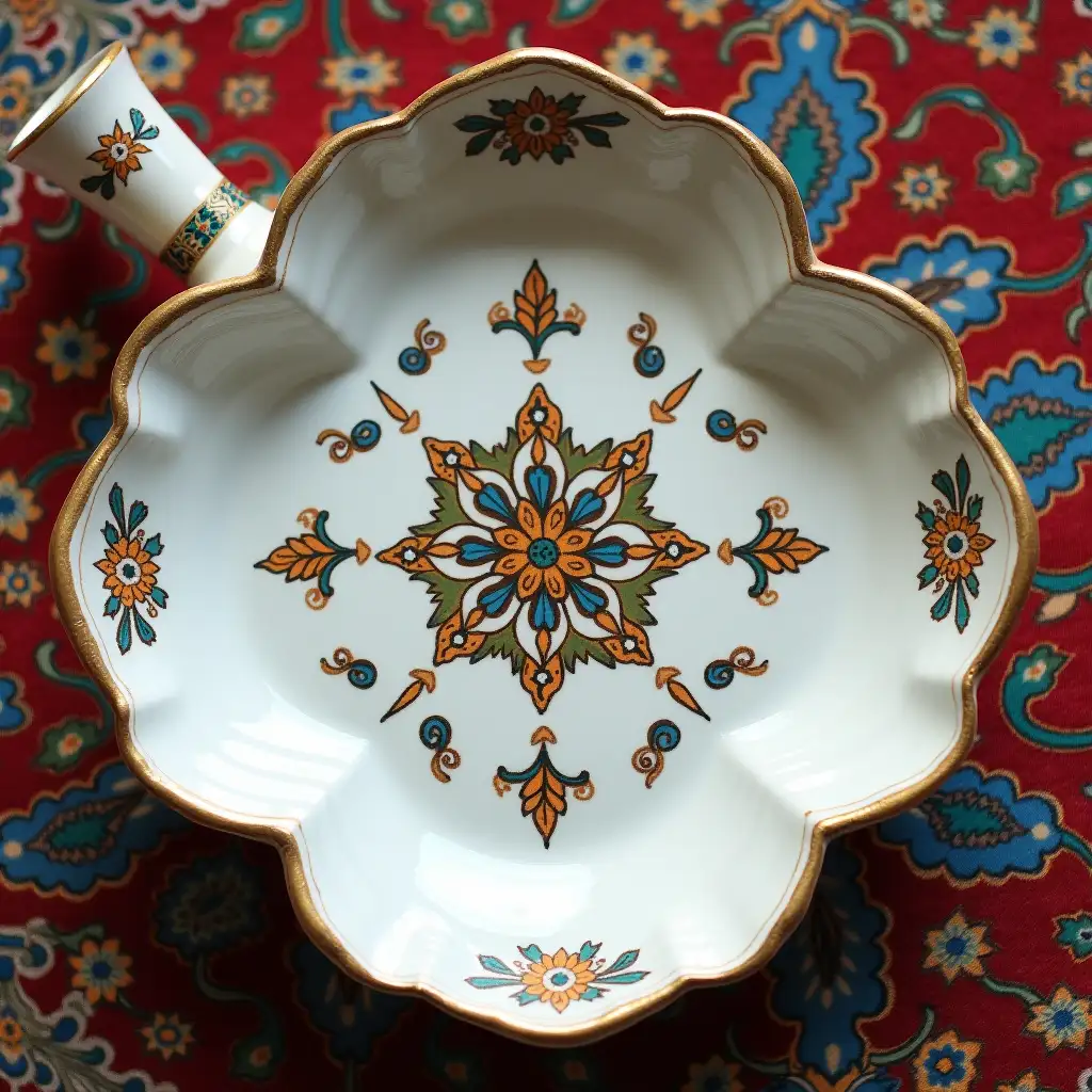 A ceramic serving in the shape of a four-petaled flower with a ceramic handle, Underglaze painting on white body, Fine art, Hyper detailed, Antique and old, Qajar art, Iranian Tabriz carpet design