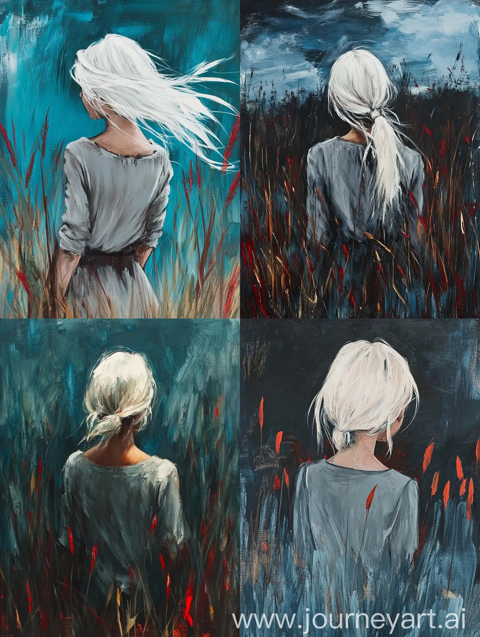 Young-Girl-with-White-Hair-Standing-in-Blue-Grass-with-Red-Accents