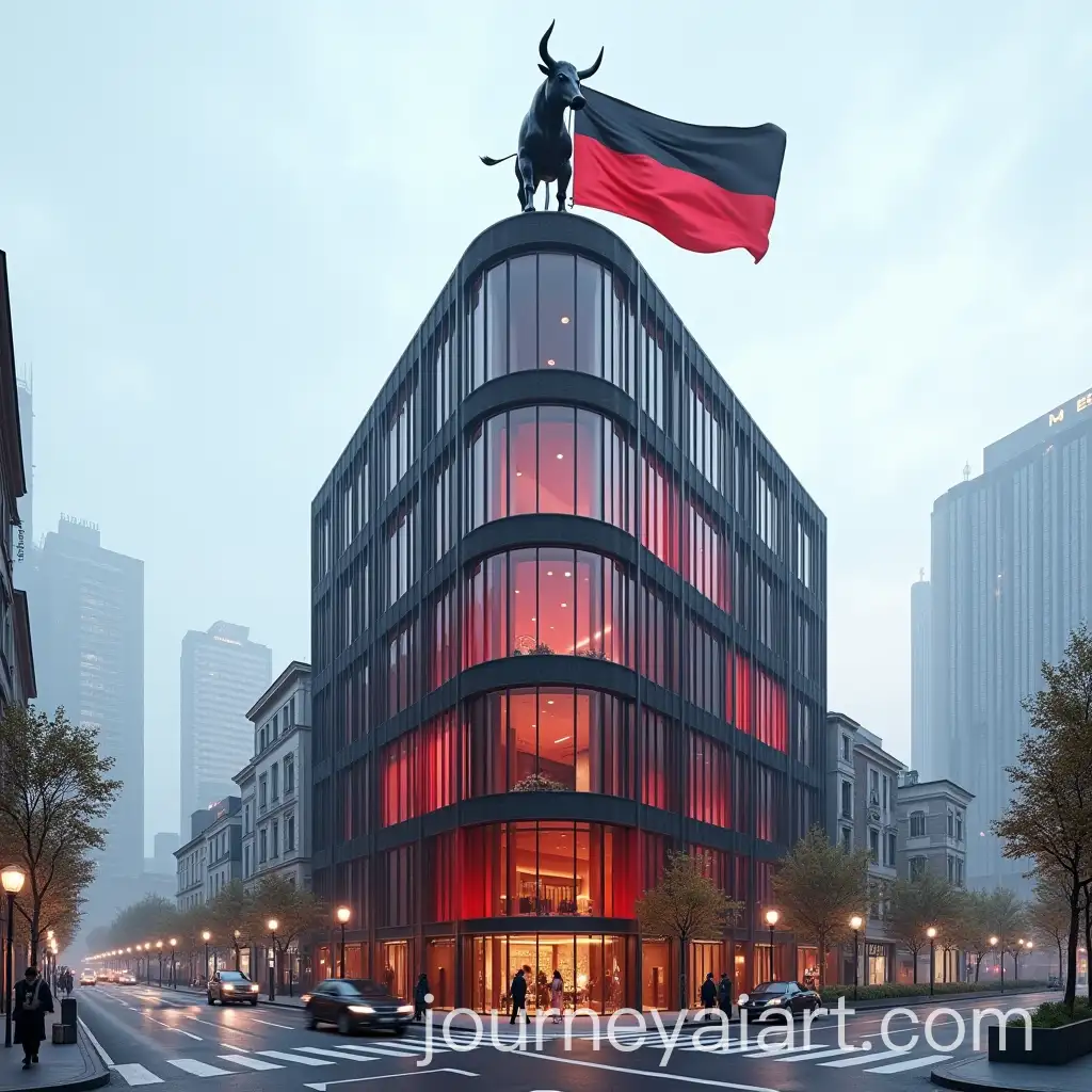 City-Center-Office-Building-with-Bull-Statue-and-RedBlackRed-National-Flag