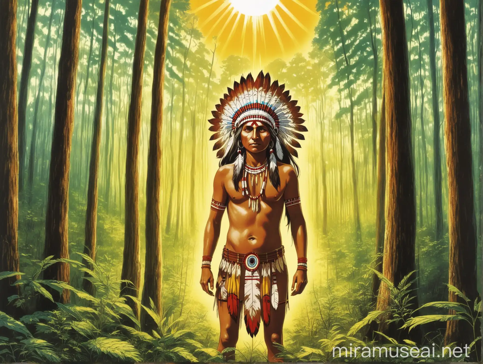 Native American Indian in Forest with Sunshine