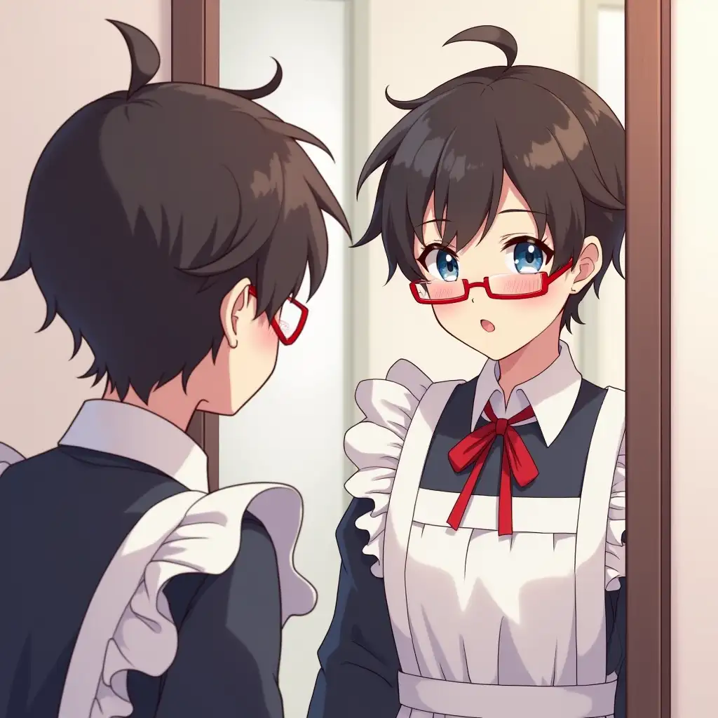 A young male that has androgynous features; wearing a maid uniform and checking himself on the mirror. He has dark brown hair and blue eyes. Wears red, thin-frame glasses. He is blushing a bit as he checks himself out on the mirror. Anime style.