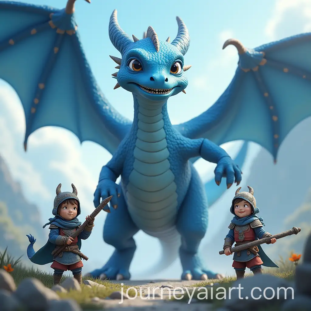 Realistic-Blue-Dragon-Asleep-with-Happy-Little-Warriors