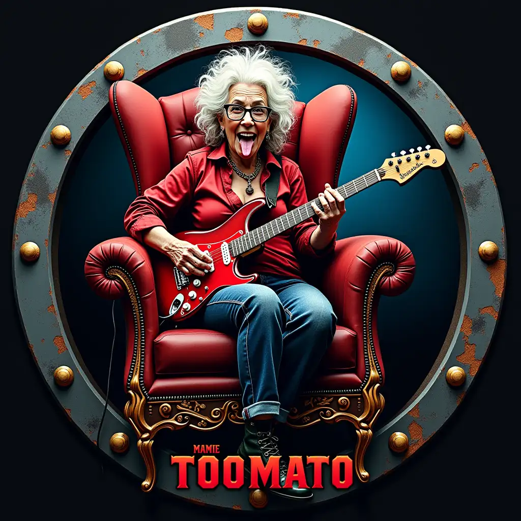 I would like to create the logo of a rock music group called Grandma Tomato, Composition of an old female rocker sitting in an old throne and sticking out her tongue and holding an electric guitar, her legs are slightly apart, with a blue light from a spotlight in the background, the M of mamie and the T of tomate are red, the other letters are white, the name Mamie Tomato should be under her legs. I want everything to be in a gray metal circle with golden nails