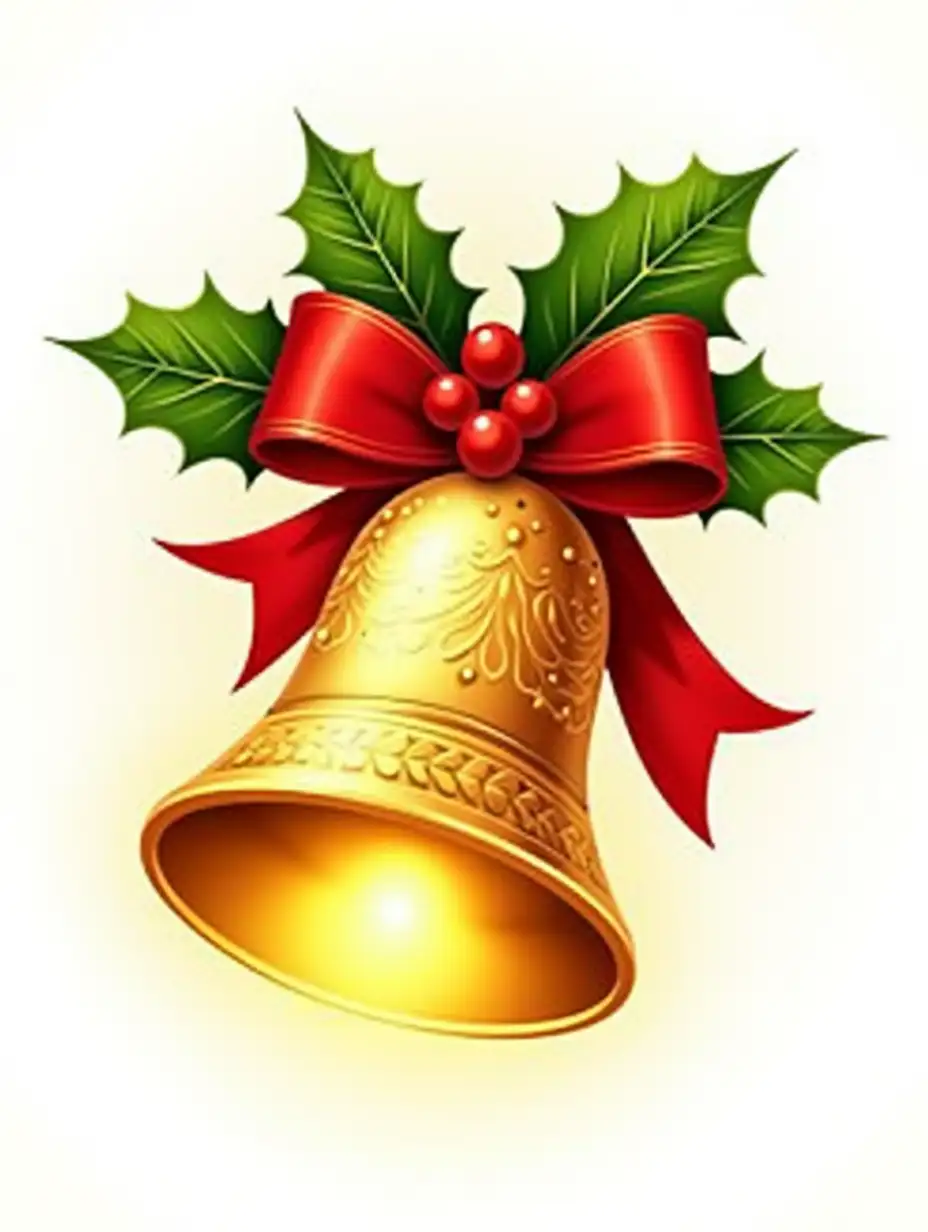 An elegant Christmas bell vector illustration, featuring a shiny golden bell adorned with intricate engraved patterns. The bell is tied with a red satin bow, surrounded by sprigs of holly with vibrant green leaves and bright red berries. A soft glow emanates from the bell, creating a festive and warm holiday feel. The background is simple and white, ensuring the design stands out vividly.