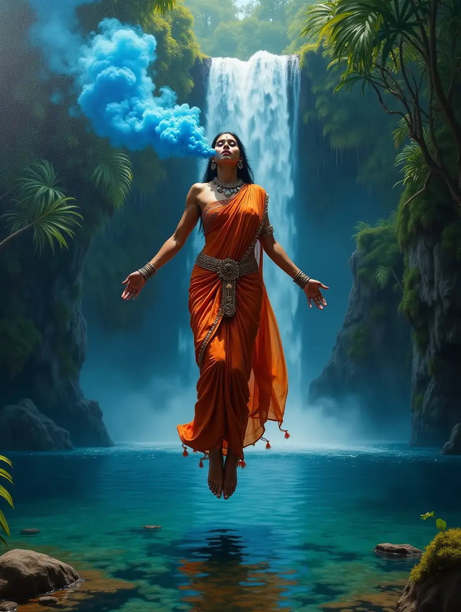 A photorealistic oil painting of an Indian female bodybuilder in a vibrant tribal saree, levitating above a serene tropical rainforest lake, with a cascading waterfall behind. She exhales ethereal blue smoke, creating a surreal atmosphere, infused with film noir and dark fantasy elements. The scene, inspired by Alex Grey, showcases intricate details and beauty, reminiscent of artists Charlie Bowater and Wlop.