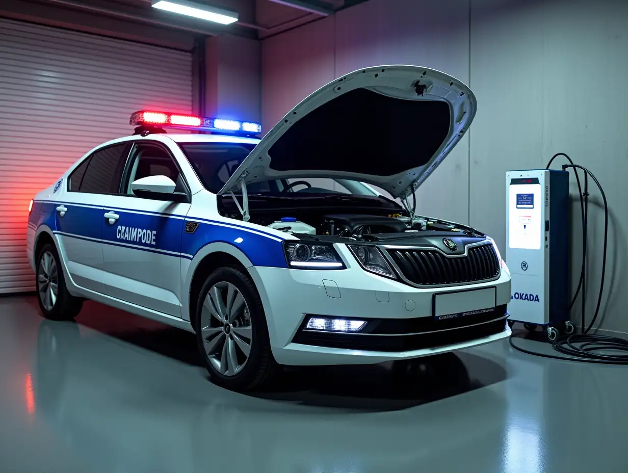 A very detailed and realistic photo of a modern Russian police car with an open hood showing the engine. There should be a red and blue flashing light on the roof of the car. The car must be white with a blue stripe. the make of the car must be Skoda Octavia. The car is parked in a well-lit garage with concrete walls and a metal door. Next to the car there is a device for cleaning the engine with hydrogen. The device stands next to the hood of the car. The device is one meter high and one meter wide. Two tubes go from the device to the engine. The scene should look like a real photograph, with precise details and lighting.