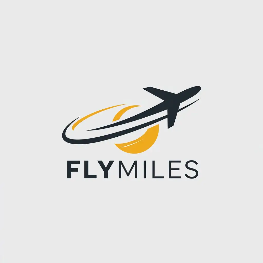 LOGO Design for FlyMiles Modern Cursive Font with Airplane Swoosh and Yellow Circular Element