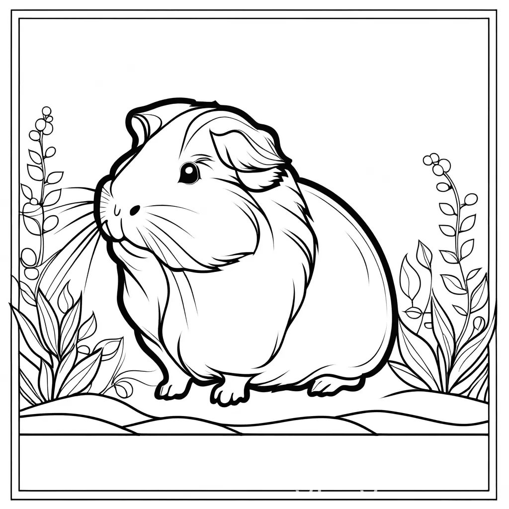 Guinea pig, Coloring Page, black and white, line art, white background, Simplicity, Ample White Space. The background of the coloring page is plain white to make it easy for young children to color within the lines. The outlines of all the subjects are easy to distinguish, making it simple for kids to color without too much difficulty