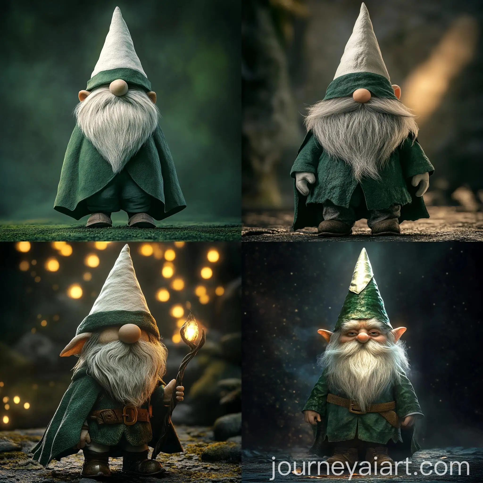 Realistic-Gnome-Magician-with-Green-Cape-and-White-ConeShaped-Hat-in-Dark-Fantasy-Setting