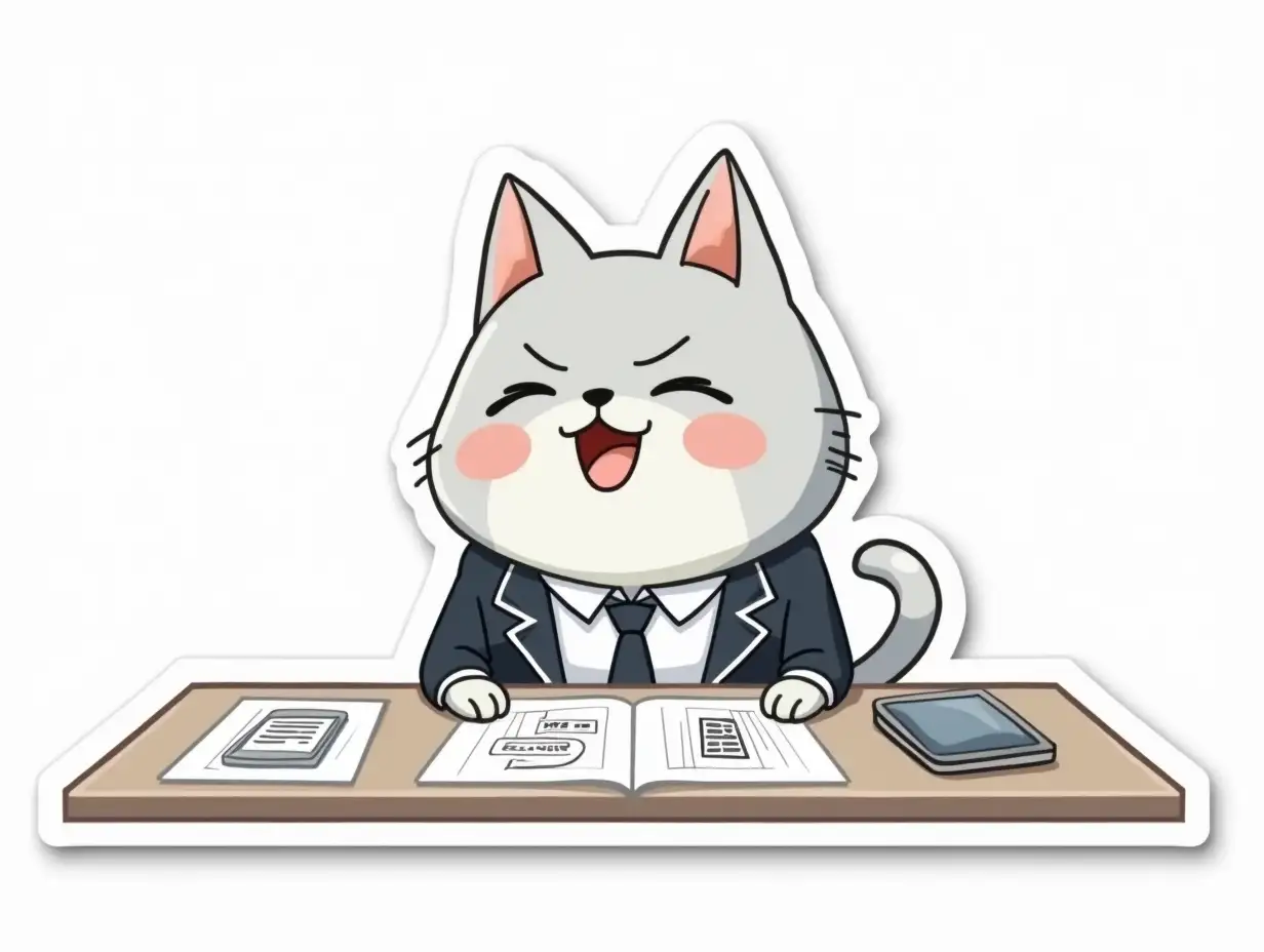 kawaii positive little happy light gray cat in the image of designer in strict office clothes bent over a large table with drawings of technological equipment. die cut sticker design top-view, high resolution, vector art, white background, paint in anime style