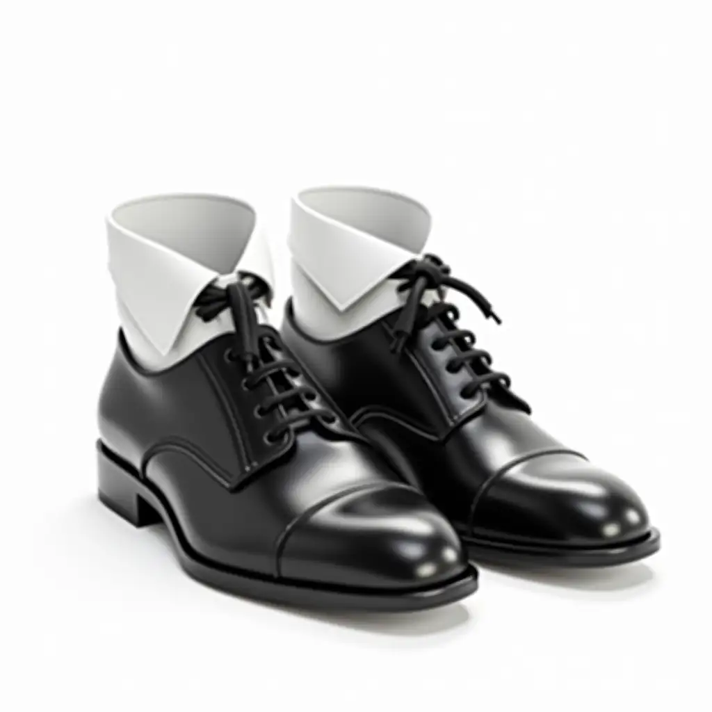 Create a hyper-realistic image of a pair of formal black dress shoes where the laces are seamlessly replaced with a neatly tucked-in white dress shirt and a perfectly knotted black tie. The collar of the shirt emerges naturally from the shoe's tongue, while the tie drapes down as if it were naturally part of the design. The shoes retain their polished leather texture and classic shape, but the integration of the shirt and tie makes them appear both surreal and functional. The background is plain white to maintain focus on the transformation.