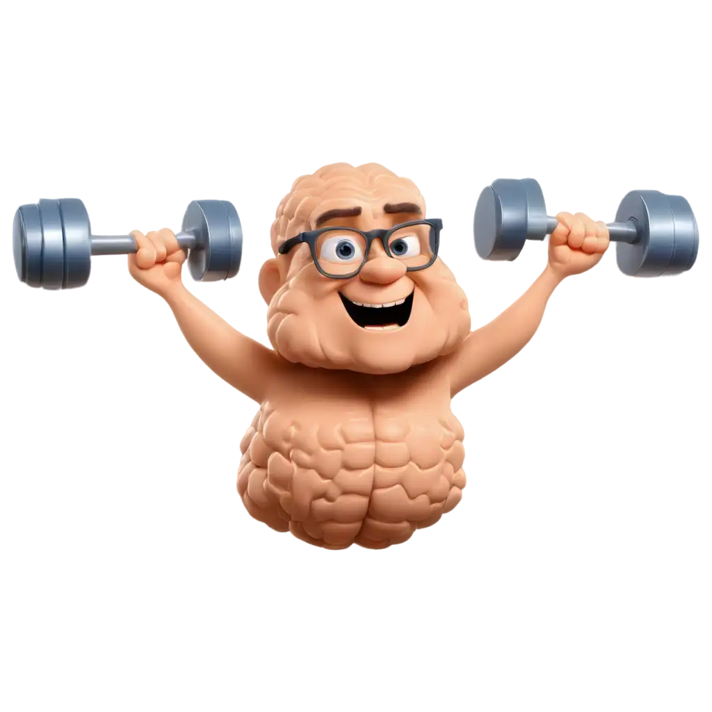 Realistic-Human-Brain-PNG-with-Glossy-Texture-Glasses-and-Dumbbells-Symbolizing-Mental-Strength-and-Intelligence