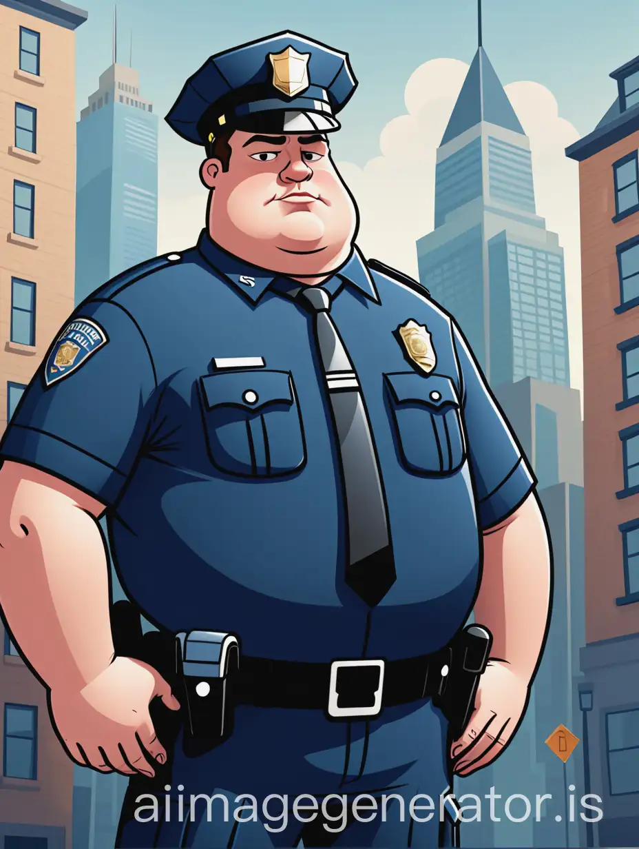 POLICE FAT CARTOON, he image shows a stylized cartoon of a police officer standing confidently in front of a cityscape.