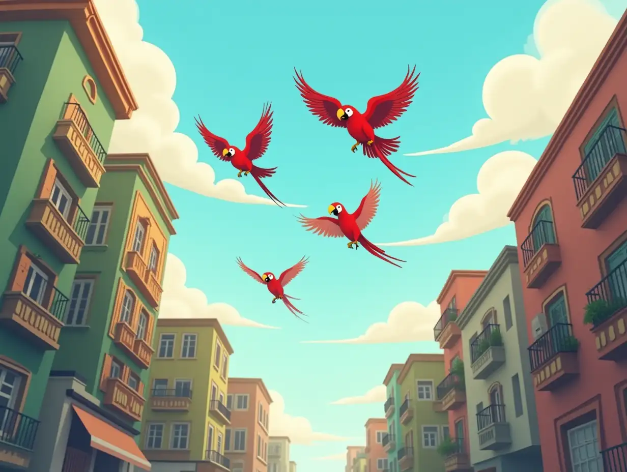 Animated picture of parrots flying over the street