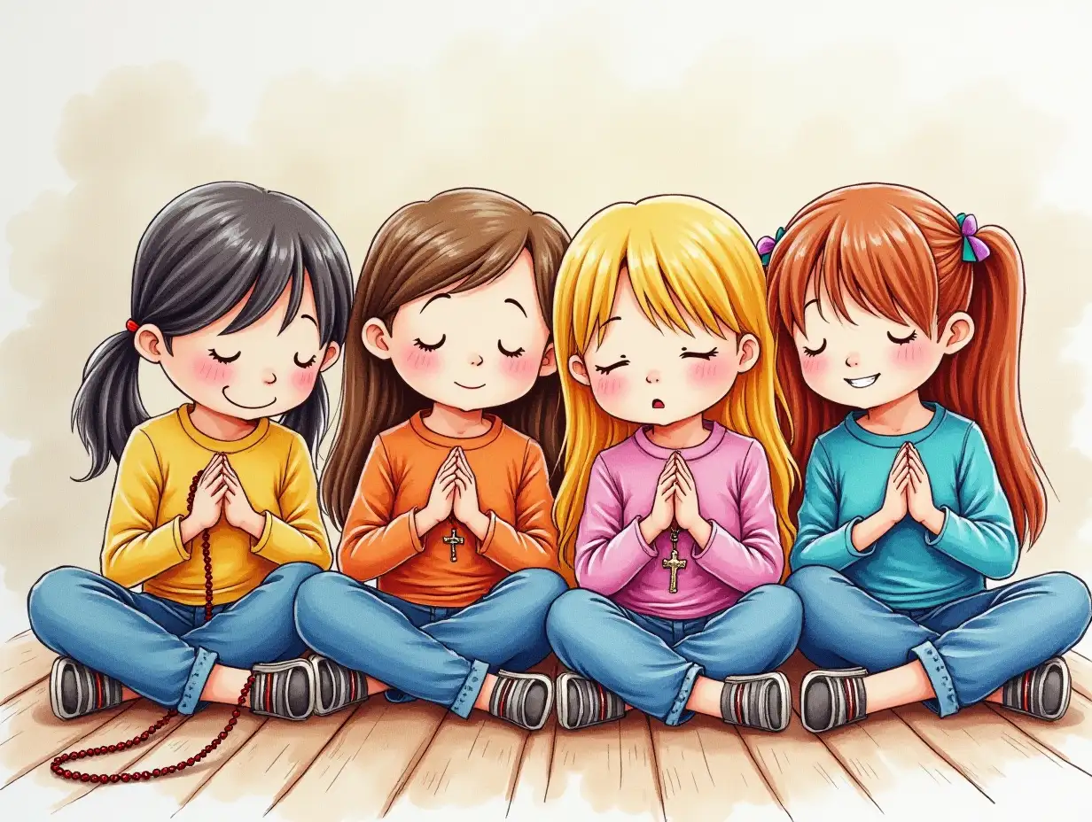 Children-Praying-the-Rosary-Together-in-School-with-Colorful-Drawings