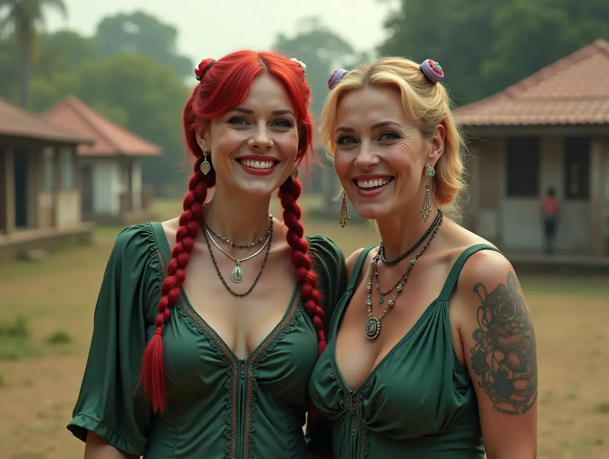 Two white, chubby Pin-up girls 70 years old red braids wear a green and black mixed low cut blouse, with a light laugh on their mouths, Tattoos, cakes on the head, lipstick accentuates their smile, modern jewelry, black skin, in a park with many houses in India Cyberpunk 8k quality