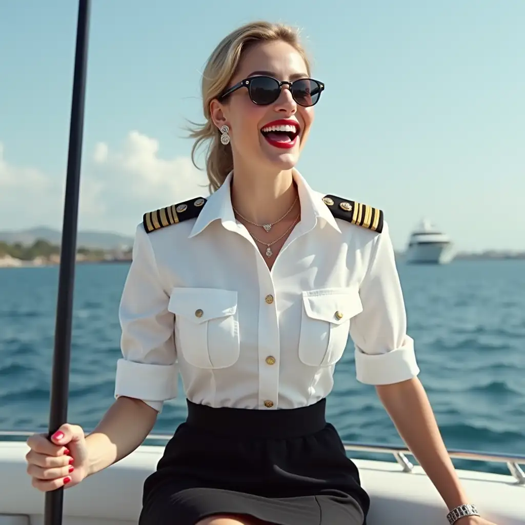 lady wearing an white down-button deck officer shirt, black skirt, laughing with her mouth open, red lipstick accentuating her smile, jewerly, aviator sunglasses, white skin, long riding crop in hand, sitting on boat, HD, photo-realism