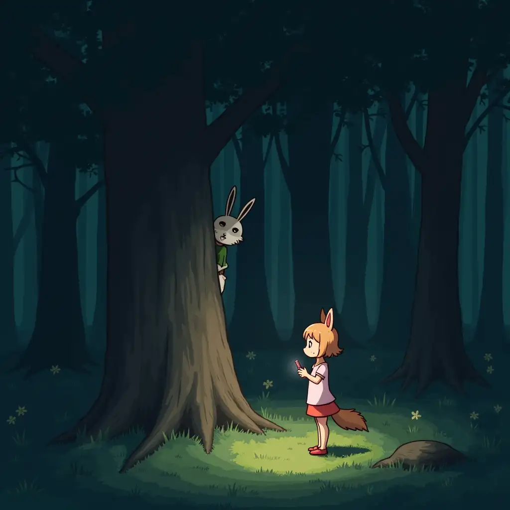 Forest setting. There are two people on the scene: a boy and a girl. A girl is a human, wearing fox mask and a boy is a human, wearing rabbit mask. The girl is looking for the boy and the boy is hiding behind a tree. The girl is lighting her way with her phone. Anime style.