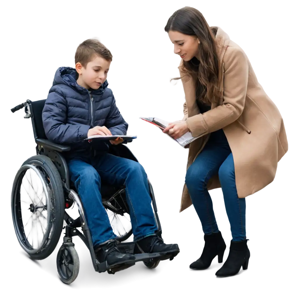 Child-in-a-Wheelchair-with-Winter-Coat-and-Adult-Reading-Notebook-PNG-Image-for-Accessibility-and-Empathy