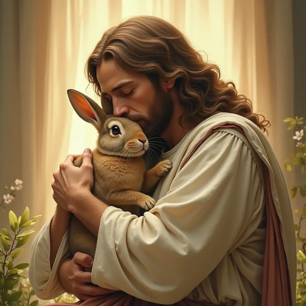 Jesus-Gently-Embracing-a-Rabbit-in-a-Peaceful-Setting