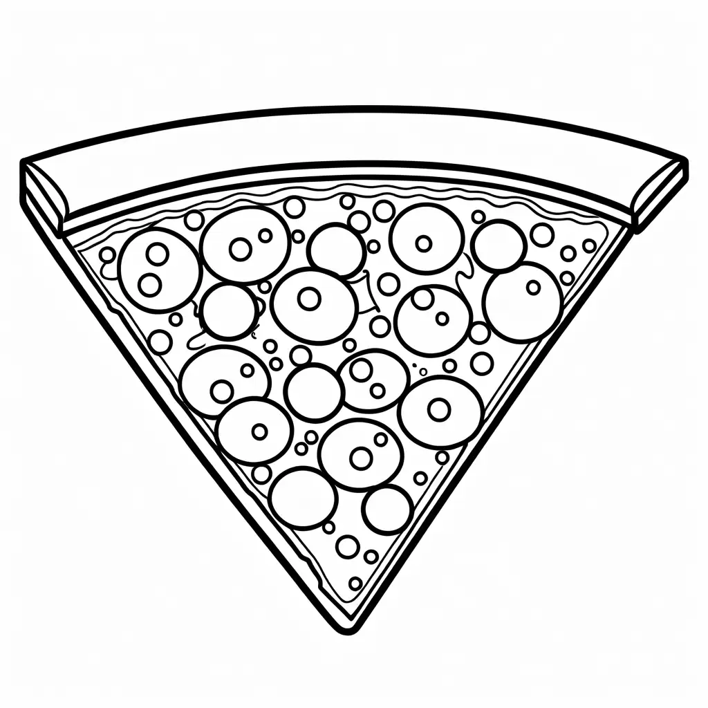 a pizza slice with well defined elements, Coloring Page, black and white, line art, white background, Simplicity, Ample White Space. The background of the coloring page is plain white to make it easy for young children to color within the lines. The outlines of all the subjects are easy to distinguish, making it simple for kids to color without too much difficulty