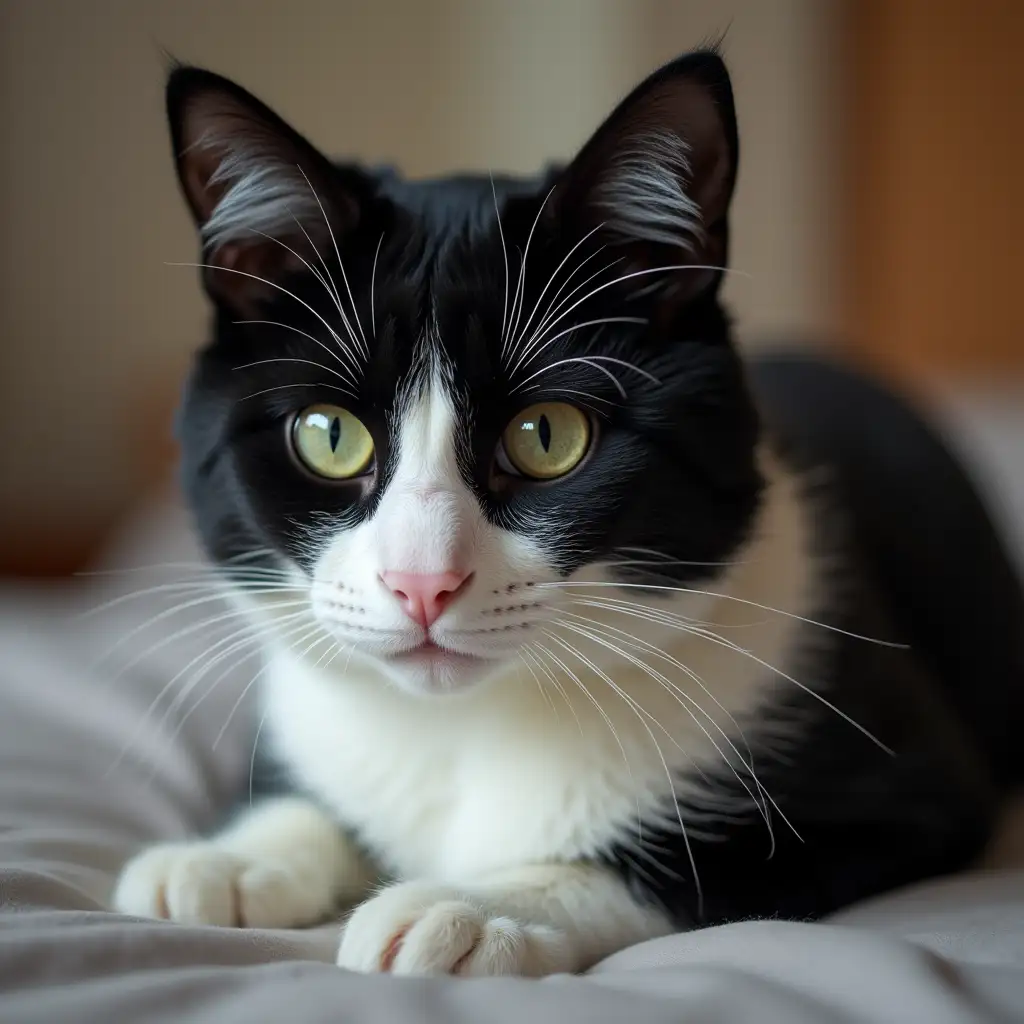 Real black and white cat, high quality, calm