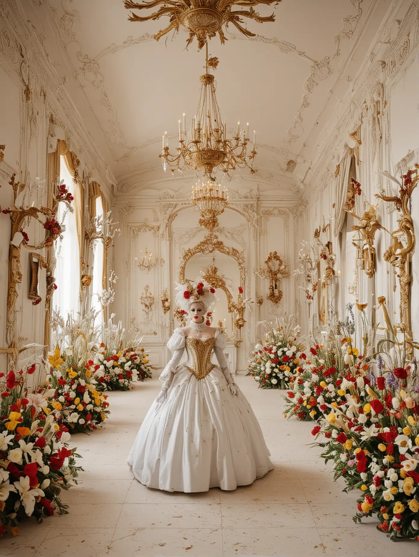Golden-Carnival-Masquerade-in-a-White-Ballroom-with-Flowers
