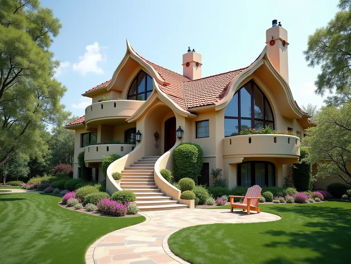 crooked house garden near the beach with stucco,large windows with glass,curved, smooth window shapes, curved grand entrance staircase from marble Complex curved roof with dike,Lanterns,bench apple tree 4K resolution Colorful superwide-angle shots