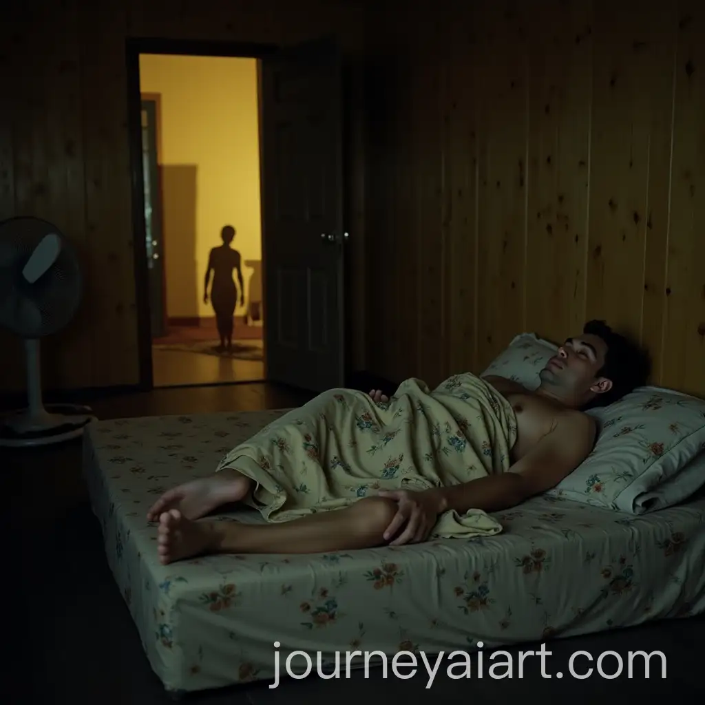 Man-Waking-Up-on-Floor-Mattress-in-Dimly-Lit-Bedroom-with-Shadowy-Figure