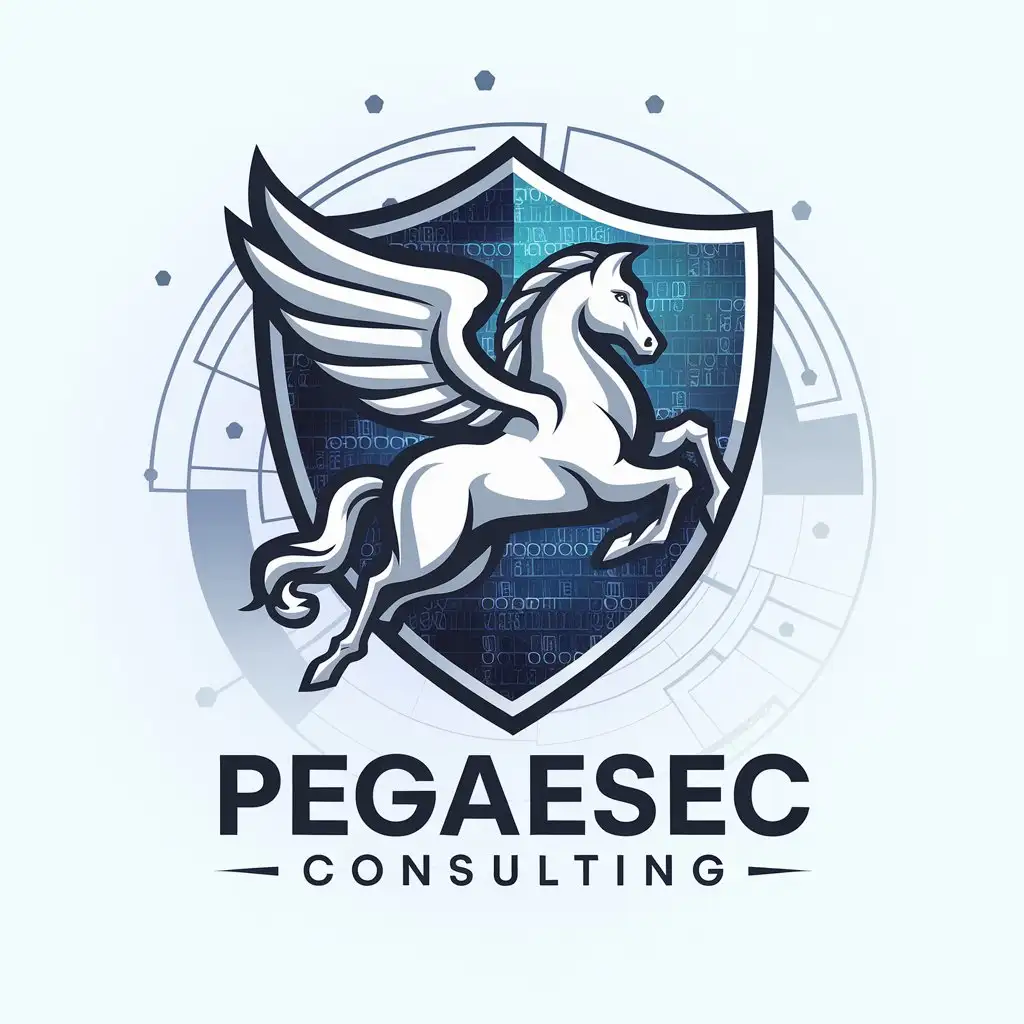 LOGO Design for PegaeSec Consulting White Pegasus with Cyber Security Shield on Light Background