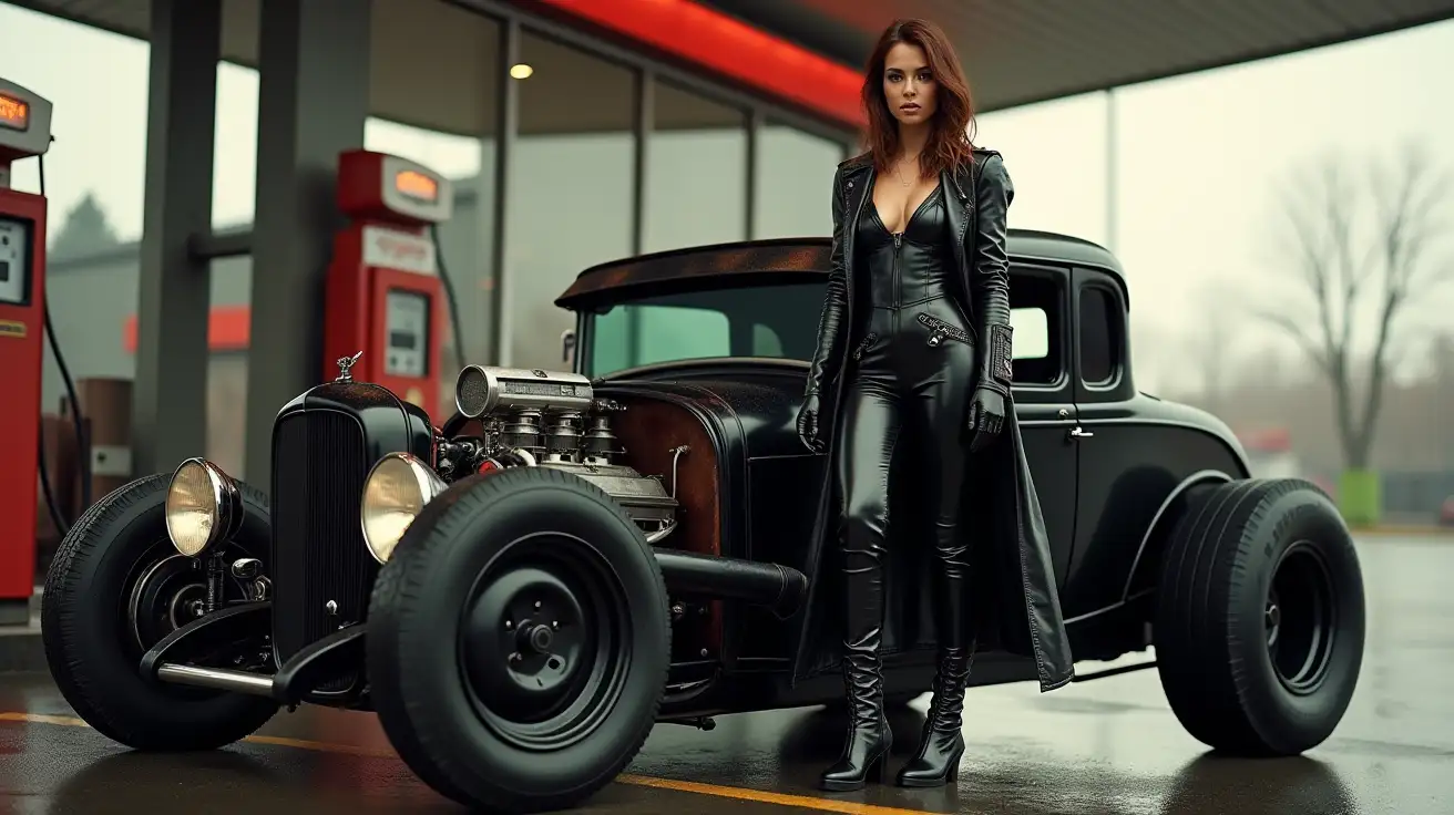 realistic photo , woman standing next to rat rod , wearing black shinny pvc jumpsuit , black pvc trench coat , wearing black shinny pvc thigh high boots , shinny pvc long gloves , outside gas station