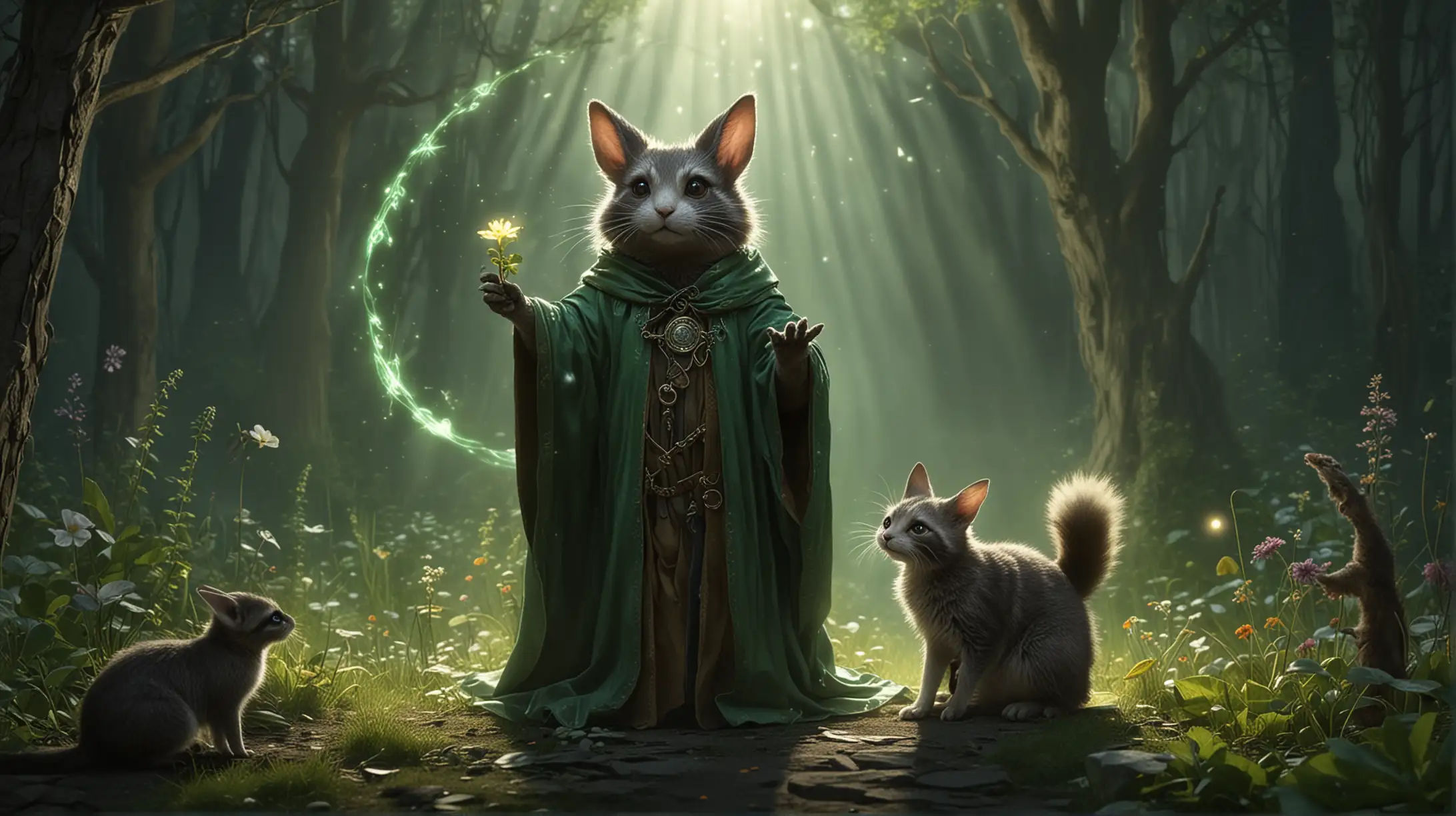 Magical Healing Scene BeastMage and Raccoon in Enchanted Glade