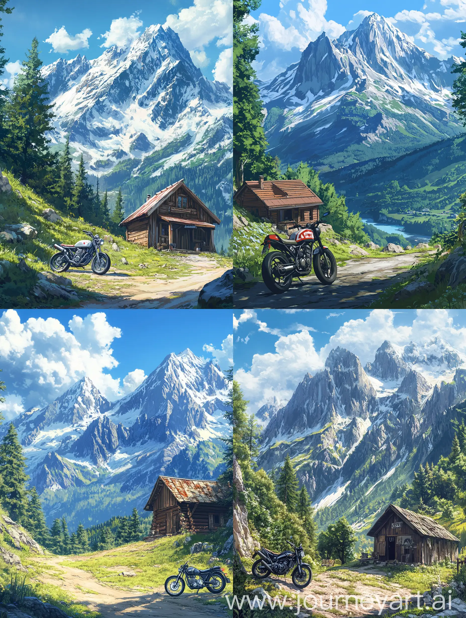 Anime-Mountain-Landscape-with-Cabin-and-Motorcycle