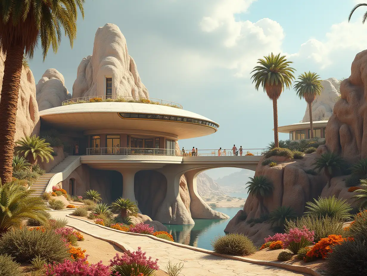 Create a high-resolution, realistic panorama image of a futuristic terrace building with window UFO house with bridge, one and one with people, many plants and colorful flowers White and brown facades in the desert oasis, big trees, very cloudy sky