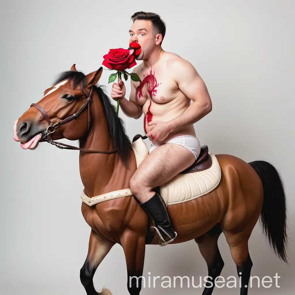 Elegant Man Riding Horse with Rose in Mouth