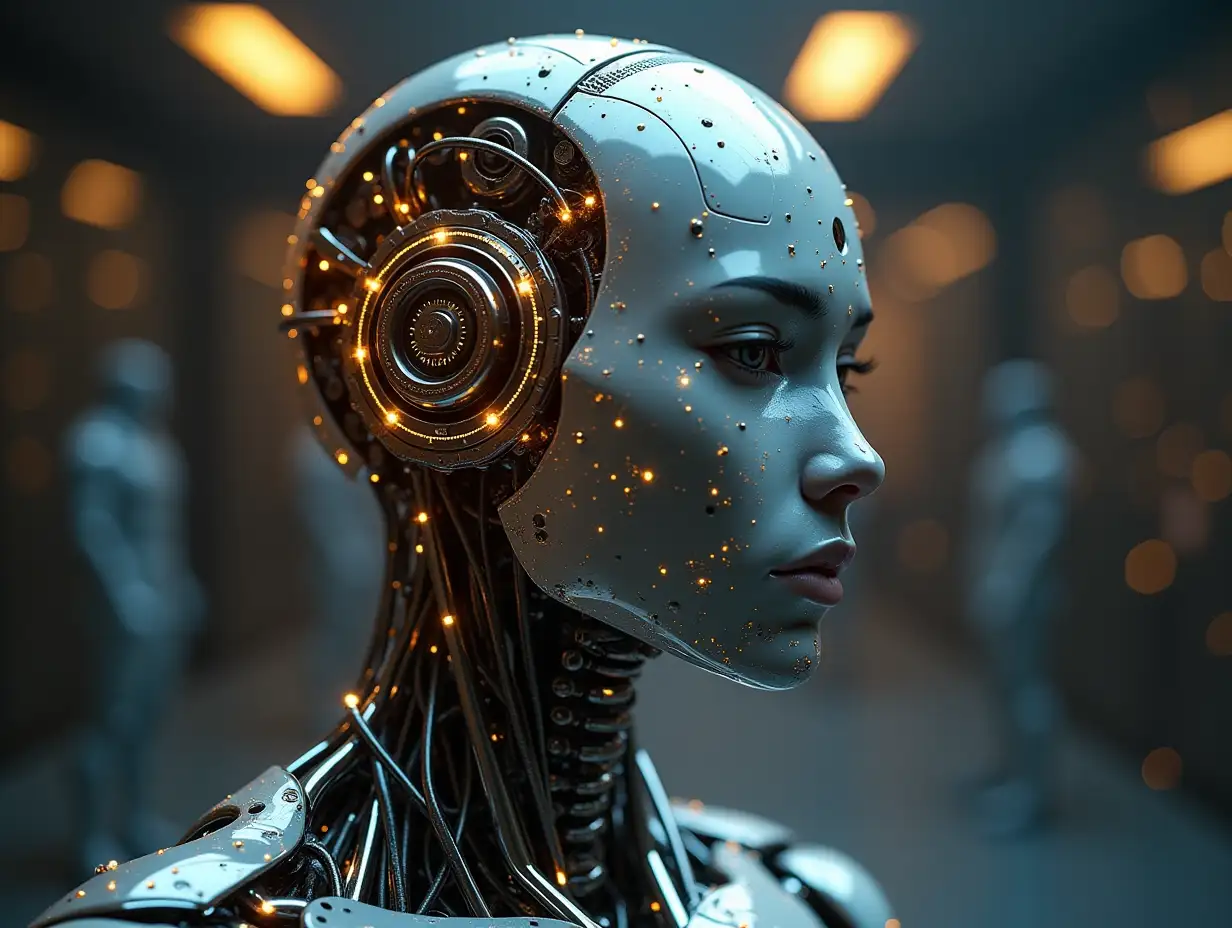 Create a high-resolution, realistic image of the artificial intelligence Robert with metal and glass head with gears,lightwave guides,LED light face 3d 4k resolution with gold and silver ornaments in a robot room