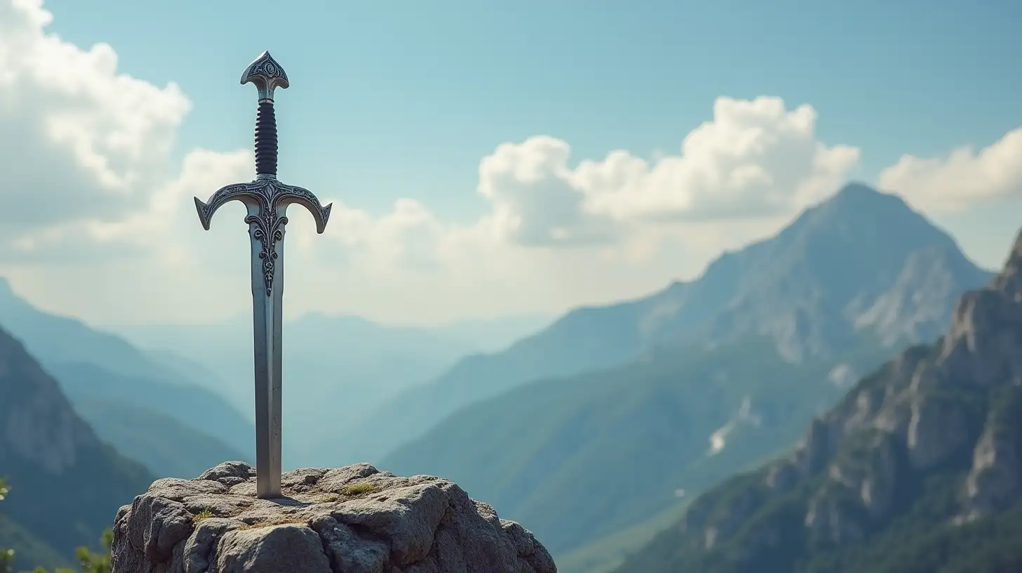 Majestic Knights Sword Embedded in a Mountaintop Rock with a Breathtaking Sky