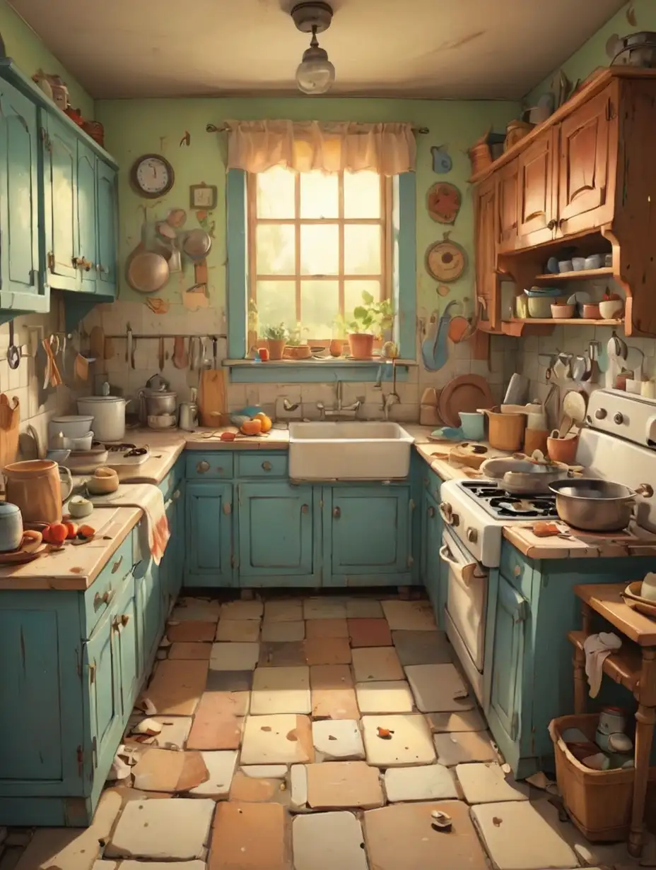 Bright cartoon image  Old bad kitchen set