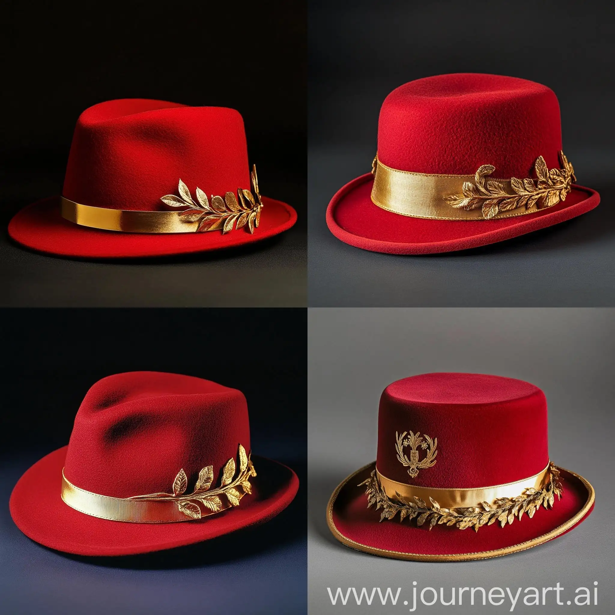 Stylish-Red-Felt-Hat-with-Golden-Laurel-Wreath-Tilted-to-Side