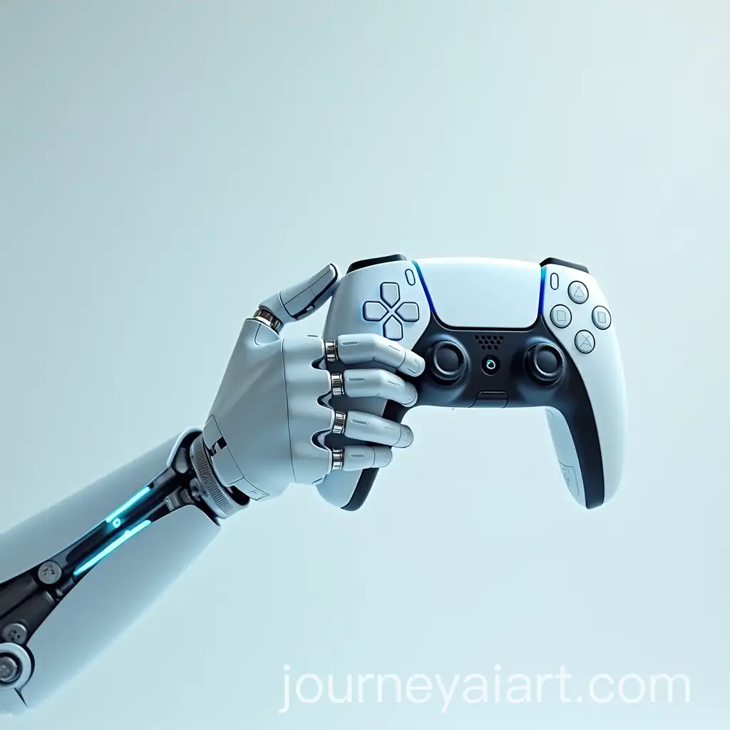 Futuristic-White-Mechanical-Arm-Holding-HighTech-Console-Controller-with-Holographic-Buttons