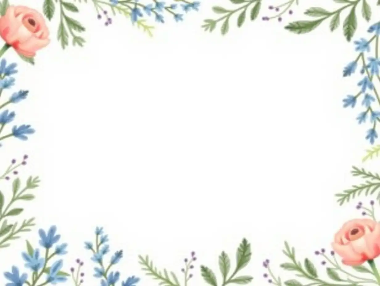 A delicate watercolor floral border frame with elegant pastel flowers and lush green leaves, arranged around a white blank space in the center. Soft pink roses, blue and purple wildflowers, and vibrant greenery intertwine harmoniously. Light, airy, and artistic composition, perfect for invitations or greeting cards