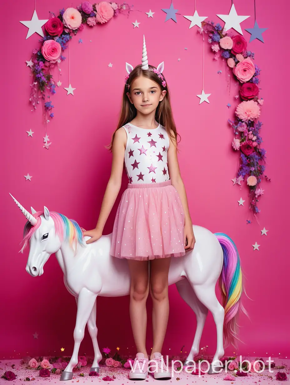 beautiful 11-year-old girl full length posing pink background flowers, stars and unicorns