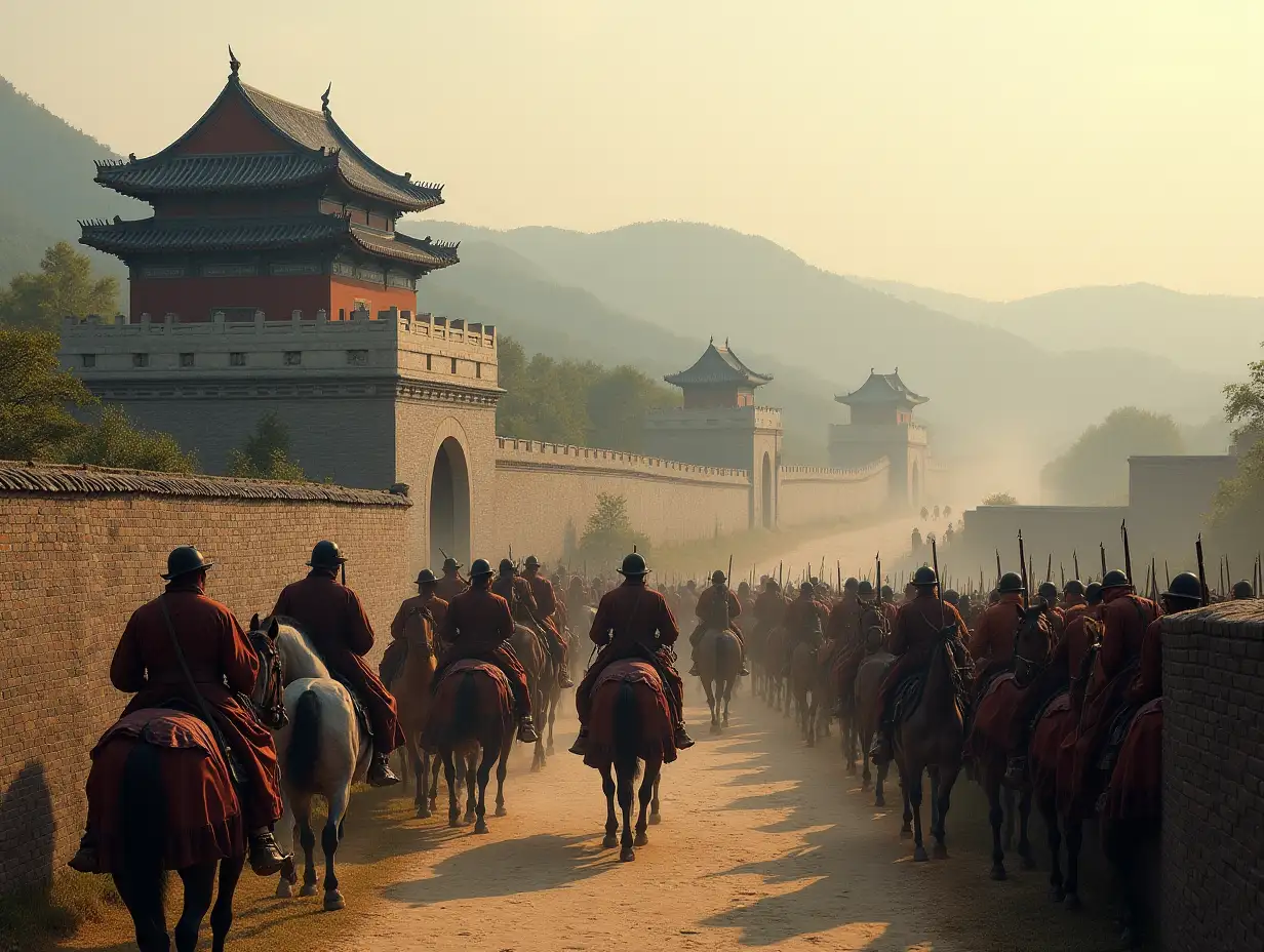 Chinese ancient city wall, outside thousands of horses and ten thousands of soldiers