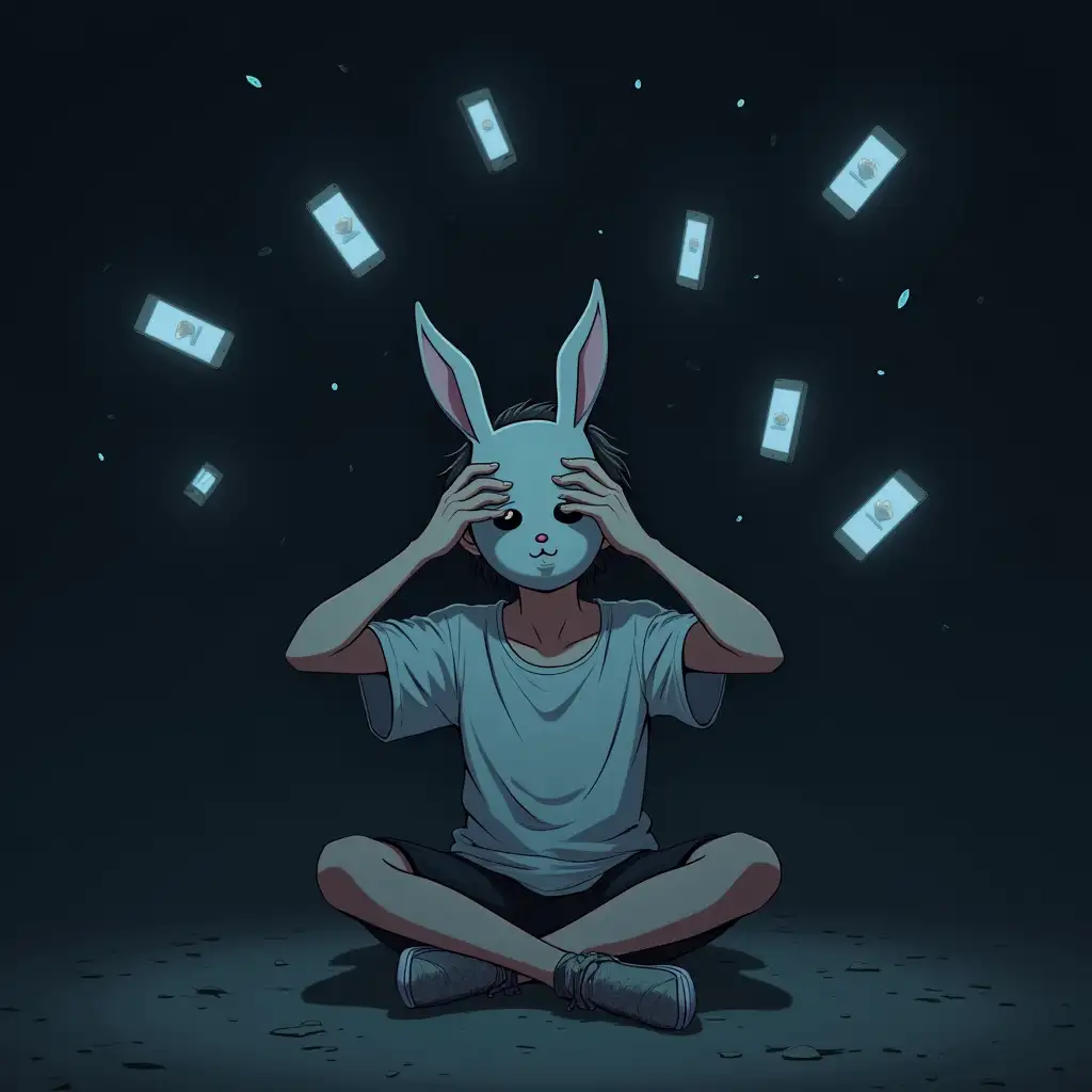 A boy in white t-shirt. He is wearing a mask of a rabbit. There are a lot of flying smartphones around him, buzzing and visible vibrations are coming from them. The boy is sitting on the ground covering his head from the noise. The whole picture is dark and creepy. Anime style.