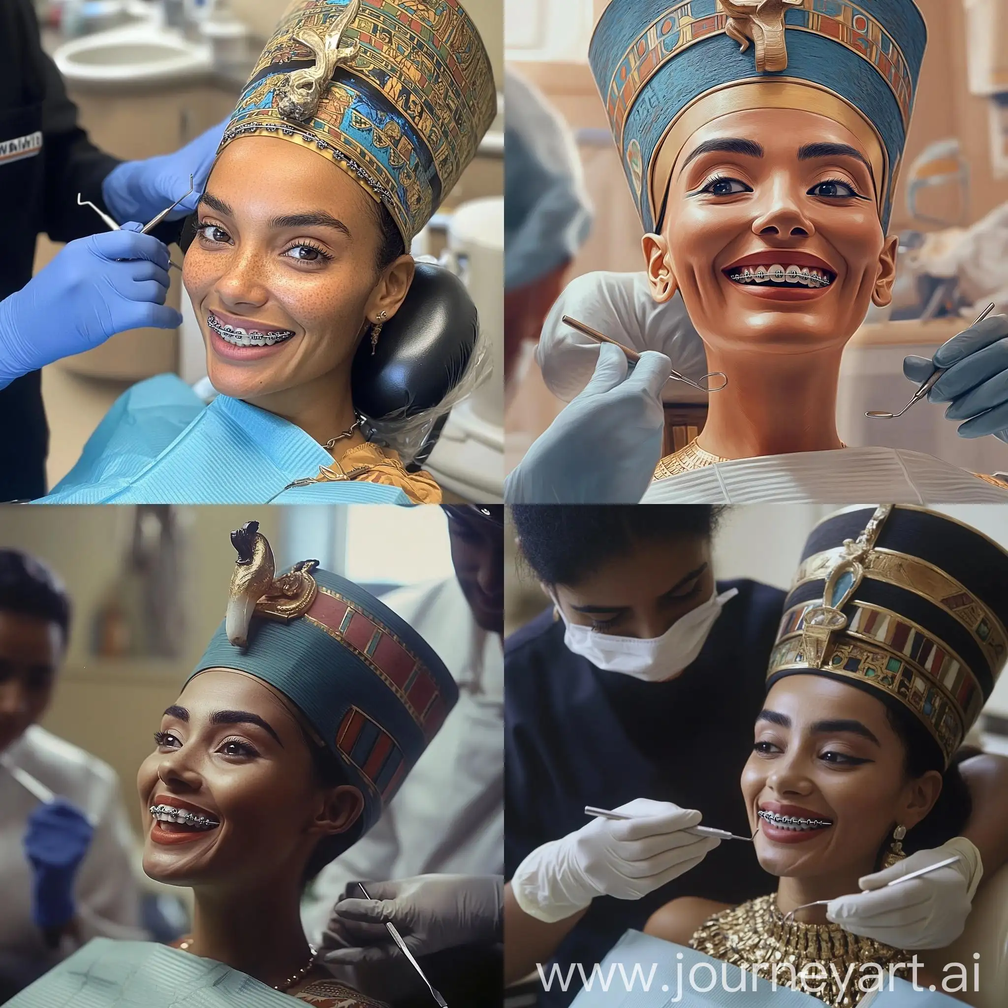 Queen-Nefertiti-Smiling-with-Metal-Braces-in-Dentists-Chair