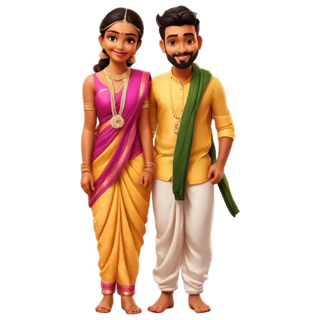 Cute-South-Indian-Wedding-Couple-Dhothi-and-Saree-Attire-PNG-Perfect-for-Digital-Art-and-Custom-Designs