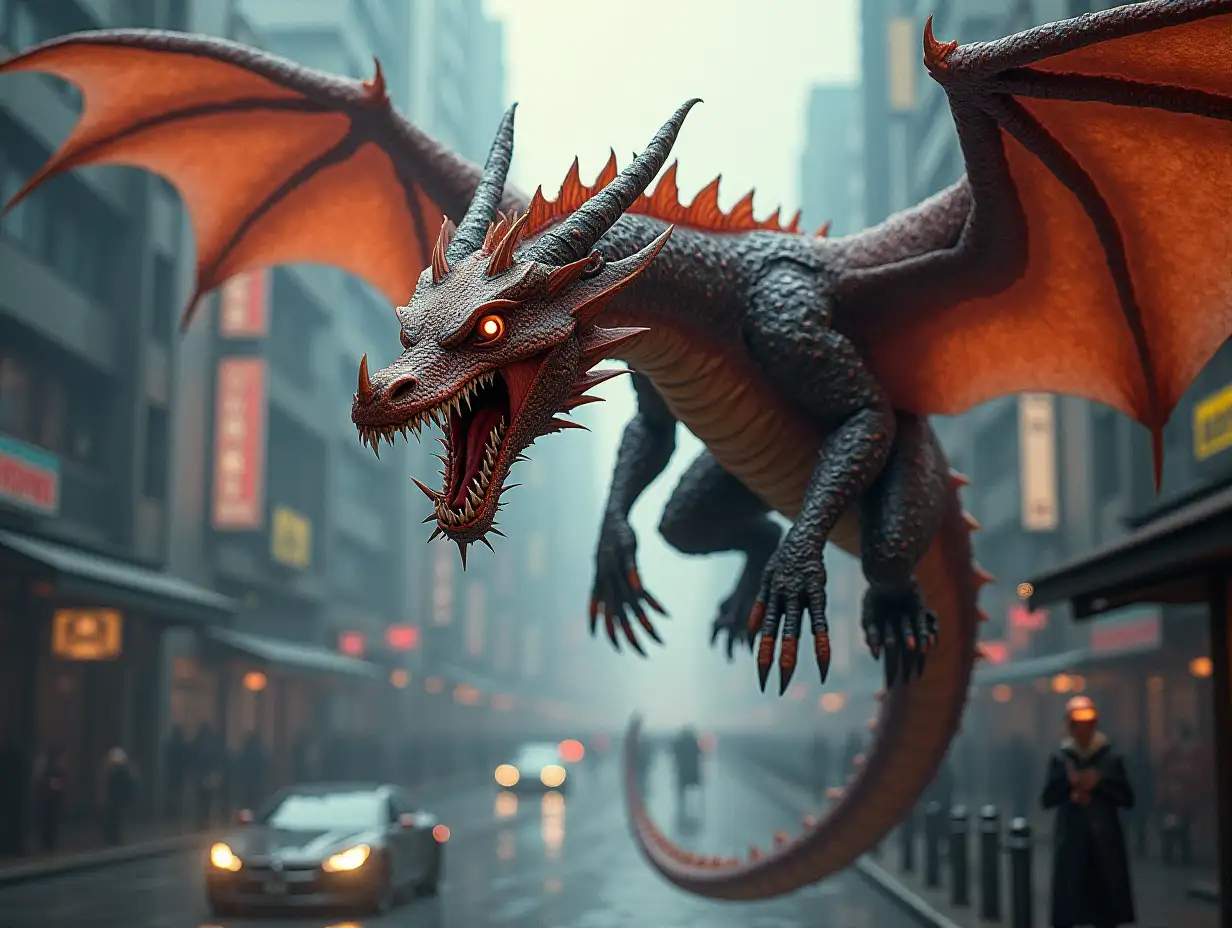 A Dragon is Fighting in The Cyberpunk City , realistic, fine details, natural colors, lifelike textures, precise shading, accurate proportions style.