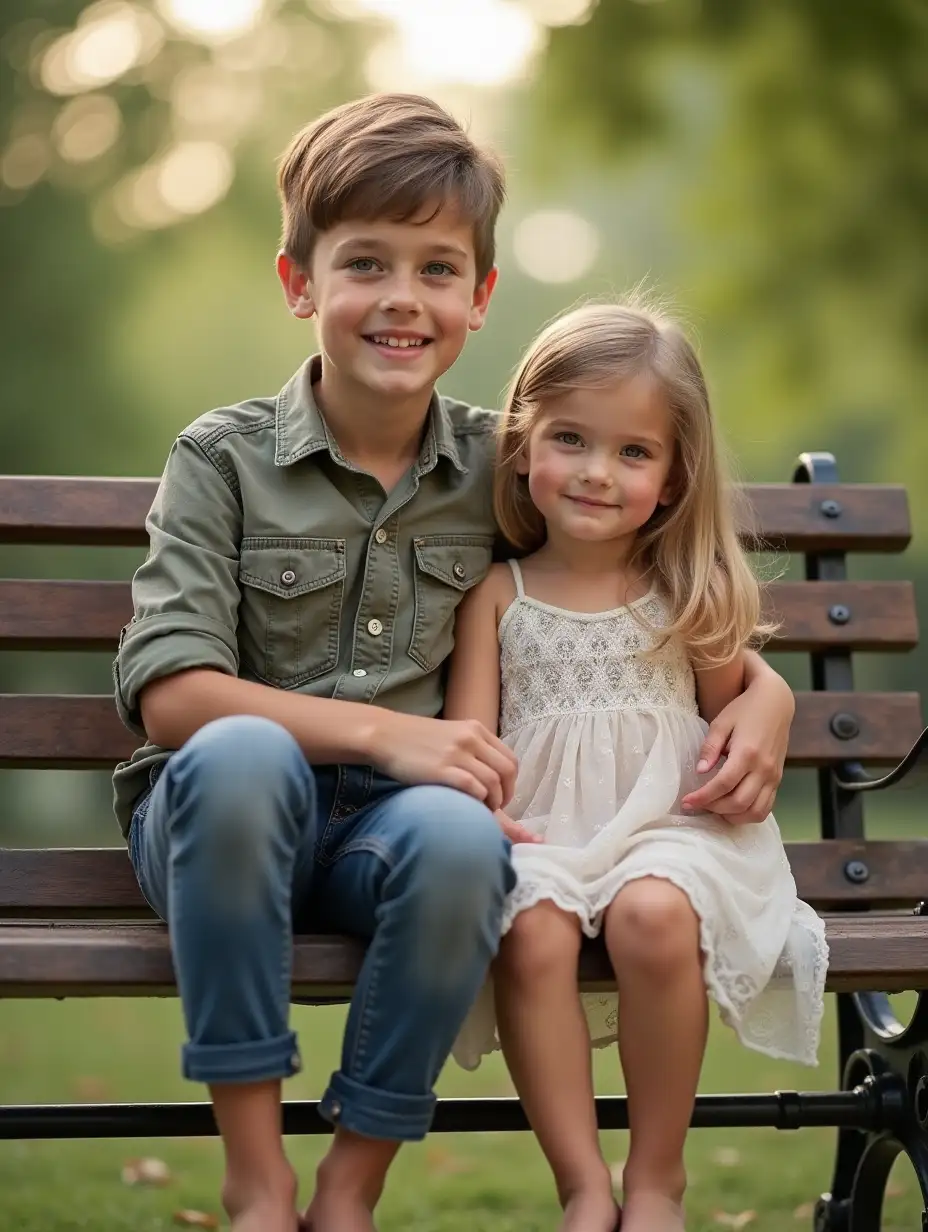 tall boy with short hair. sitting on a park bench with a cute little girl. facing the camera. she has a shy smile. legs and bare feet visible.